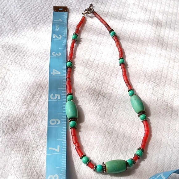 Necklace, Turquoise, Glass Coral colored beads,Sterling Toggle 17" - Picture 2 of 4
